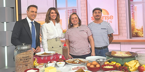 Four Frogs Crêperie - Marianne and Guillaume with TV host Natalie Barr and Matt Shirvington during cooking on sunrise live on august 2nd